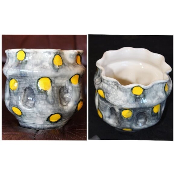 Polka dots Ceramic Black & Yellow Altered Vase Bubble Technique Organic Shape - Picture 1 of 11